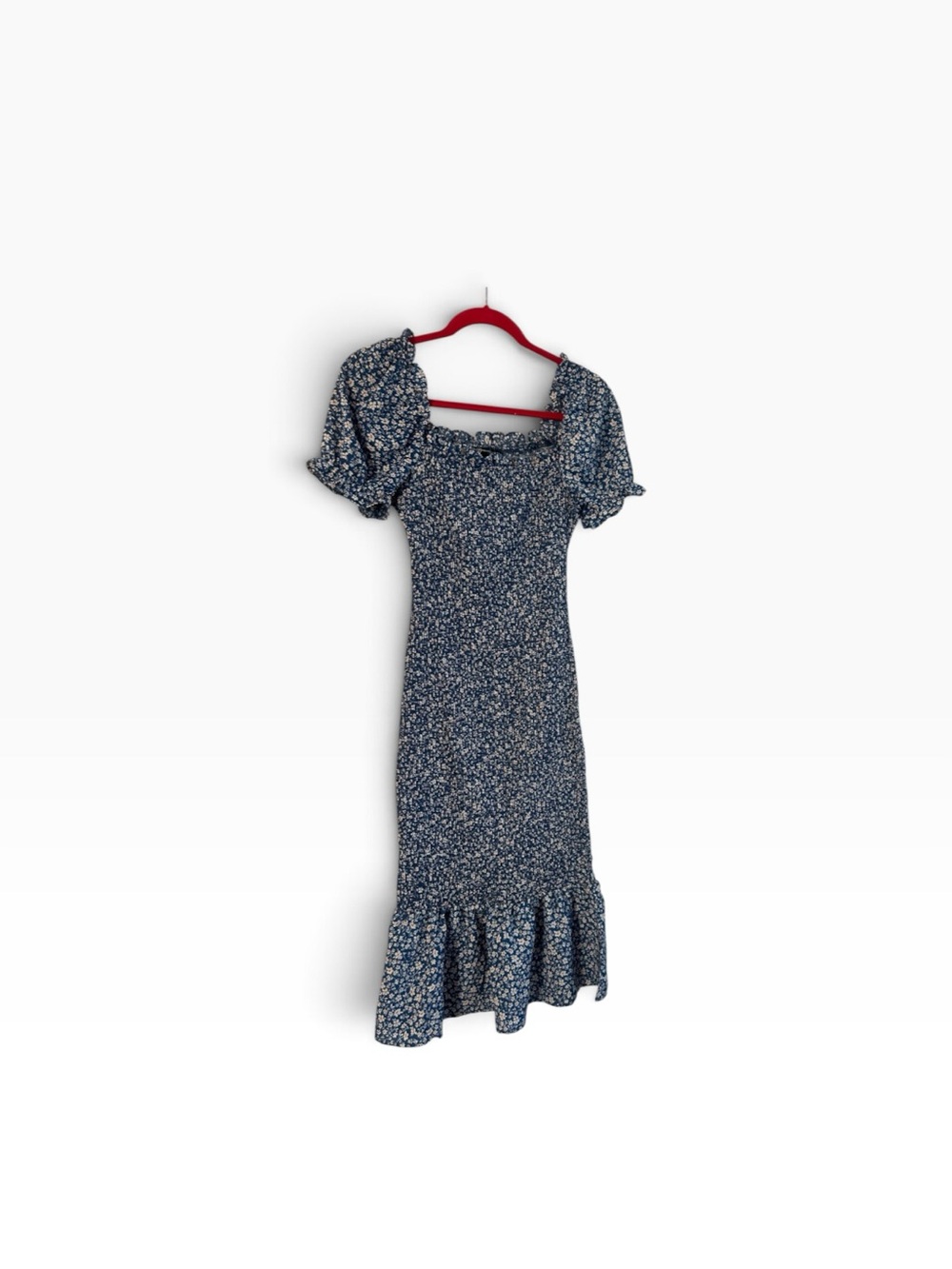 PRETTYGARDEN Blue Floral Smocked Midi Dress with Ruffle Hem Size S